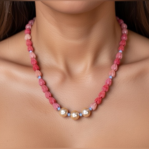 Coral Pink Pikake Flower & Edison Pearl Necklace w/.925 SS Handmade in Maui N65. - Picture 3 of 10